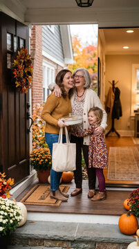 Mother and daughter hugging at front door holding Thanksgiving pie