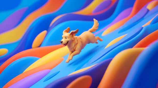 Golden dog leaping dynamically across vibrant colorful wave background in 3D illustration