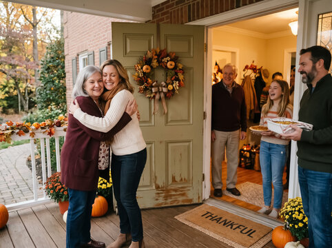 Warm family greeting at door with man holding Thanksgiving pie