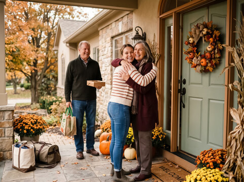 Family welcoming grandparents at the front door for Thanksgiving