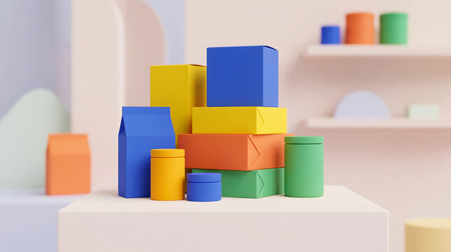 Colorful geometric packaging boxes stacked in a modern product display scene