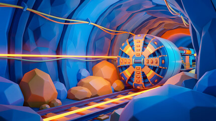Fototapeta premium Blue underground tunnel with shield machine advancing through rock formation in 3D illustration style