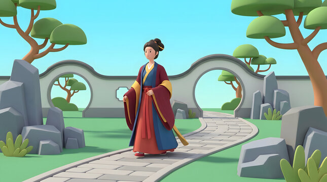 A traditional Chinese woman in Hanfu walks along a stone path in a classical garden with arched gateways and green trees
