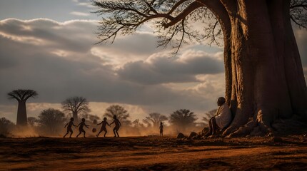 Naklejka premium African Children Playing Soccer Under Baobab Tree Twilight