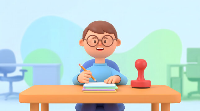 A bespectacled boy writing at a desk with a stamp and stationery in a clean indoor setting