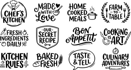 Fototapeta premium Cooking lettering labels. Kitchen food lettering hand drawn badge, cooking recipes and restaurant menu stamp vector isolated icons set. Illustration cooking lettering, culinary quotation emblem