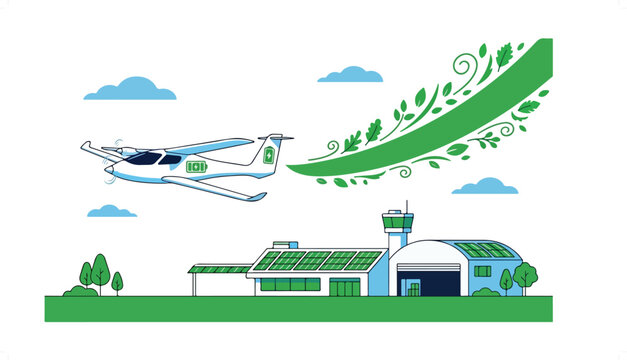 Small airplane flying over green airport terminal building.