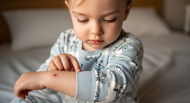Close up of cute little baby in pajamas looking at small red insect bite mark on arm. Photo style.