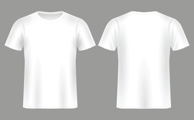 Fototapeta premium White t-shirt mockup, male t shirt with short sleeves vector template front back view. Blank apparel design for men, sportswear, casual clothing isolated on transparent background realistic 3d mock up