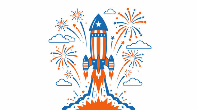 Rocket launch with surrounding colorful fireworks.