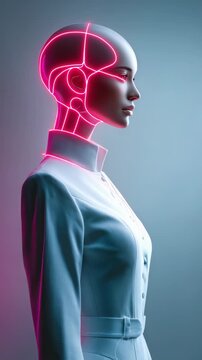 Futuristic female android in a sleek white uniform stands in profile, illuminated by neon pink light accents. Advanced humanoid robot design symbolizes artificial intelligence evolution