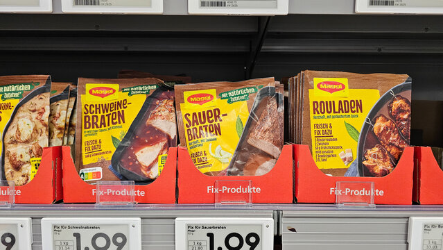 Maggi fix products on supermarket shelf selling german food