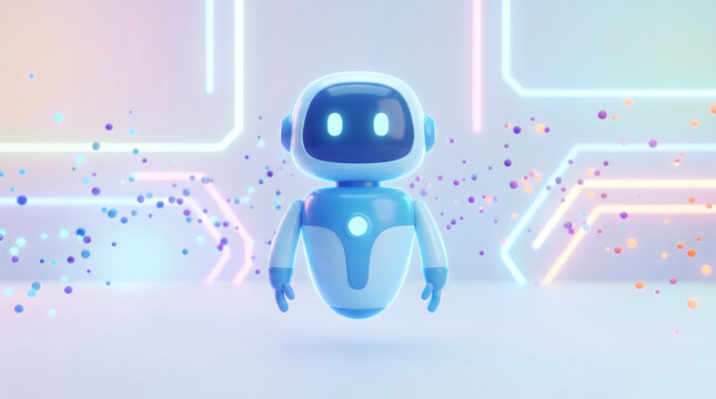 Blue cartoon robot floating in a futuristic tech background with glowing particles and neon lines