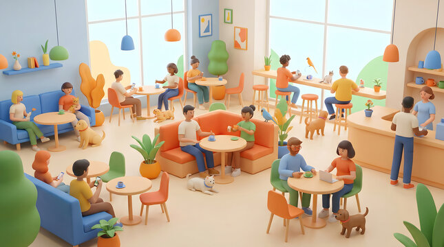 Illustrated cozy caf&eacute; scene with diverse people relaxing and socializing indoors