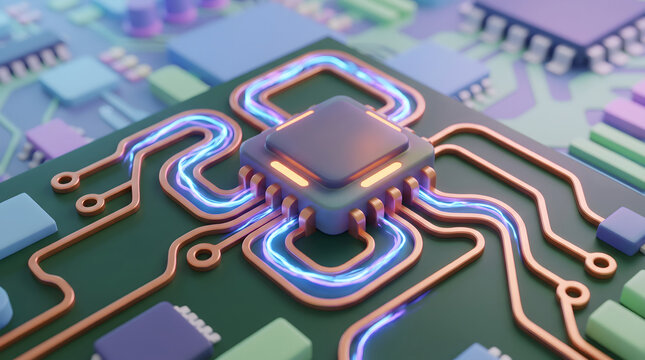 Glowing microchip on circuit board in 3D illustration closeup view