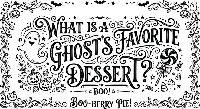 Helloween inspired ghostly dessert pun illustration 'what is a ghost's favorite dessert '