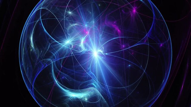 Abstract glowing plasma energy sphere background, futuristic cosmic blue neon light lines fractal motion graphics