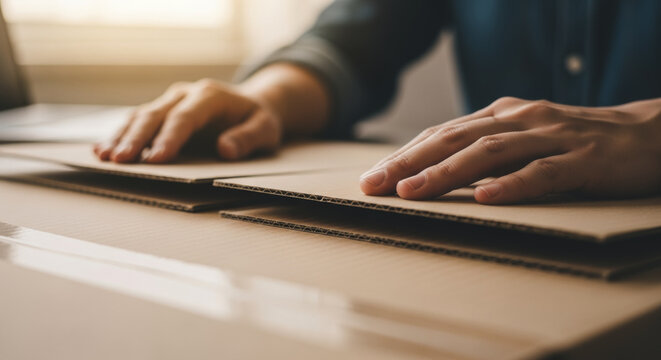Hands folding a cardboard box on a wooden table