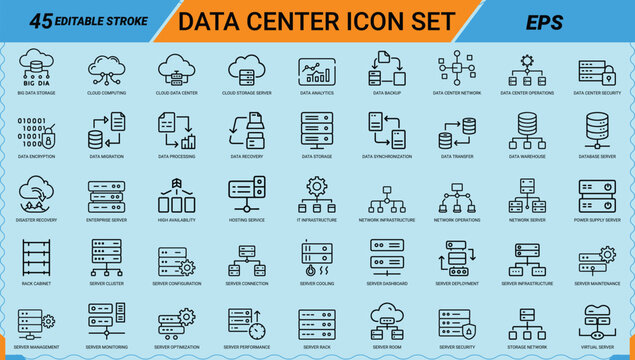 Data center icon set with server and cloud storage infrastructure network symbols.
