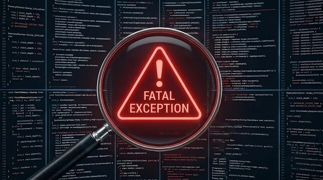 Fatal exception error debugging concept with magnifying glass focusing on red warning alert over dark programming code background