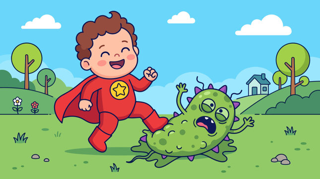 Cartoon superhero boy fighting green monster.