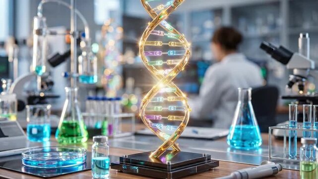 Woman scientist in modern laboratory with glowing DNA double helix model on bench surrounded by beakers and flasks. Innovative biotechnology visualization for science education