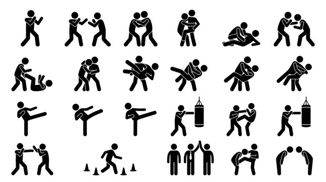 Diverse collection of black stick figure icons showing various fighting techniques and martial arts training poses on white background
