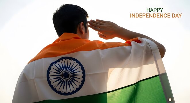 Indian independence day salute man with flag in patriotic gesture
