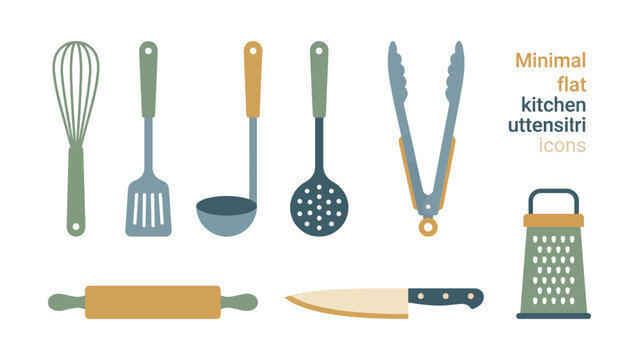 Minimalist flat vector illustration of essential kitchen utensils and tools collection