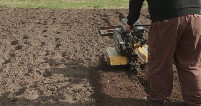 Male farmer using a garden rototiller to plow the soil and prepare the land for planting spring crops, turning up fresh dark earth in neat rows on a sunny day in the backyard