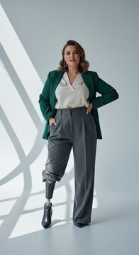 Confident stylish woman with prosthetic leg posing in modern studio wearing elegant business outfit empowerment fashion inclusive beauty body positivity diversity strength contemporary portrait