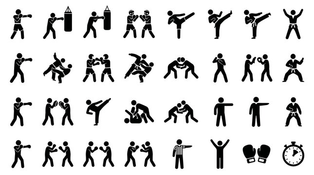 Set of black stick figure icons showing people practicing various martial arts combat sports training and professional fighting match activities