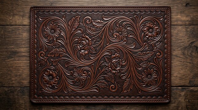 Western style floral tooled leather background with intricate rose and leaf carvings on dark brown texture