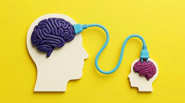 Large brain connected to smaller brain via blue cable representing knowledge transfer teaching and mentoring concept