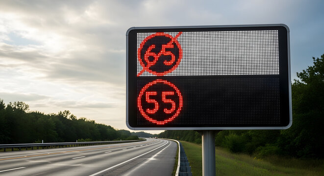 Electronic digital speed limit sign on an empty highway. LED traffic board showing speed reduction to 55. Road safety and regulation concept
