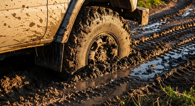 Close up of a 4x4 off road vehicle tire stuck in deep wet mud. Dirty truck wheel in a water puddle on a rough dirt trail. Extreme driving adventure