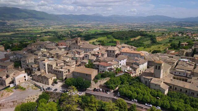 Montefalco Umbria one of most beautiful borgo in Italy. aerial view wine region hilltop town scenic vineyards agricultural landscape drone flyover, travel destination
