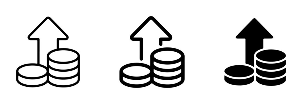 Money Growth Icons, Stacked Coins with Upward Arrow, Financial Increase Symbols, Business Investment Graphics, Economic Profit Vector Art
