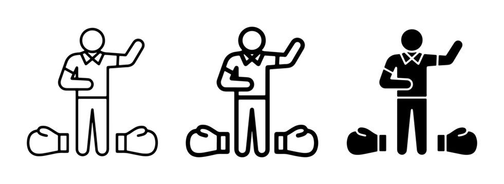 Boxing Referee Icon Set, Sport Match Official, Fight Judge, Combat Sport Referee, Boxing Gloves, Silhouette and Outline Styles, Vector Graphics