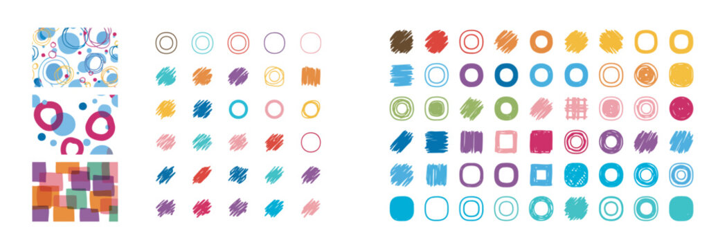 Large set of hand drawn colorful scribble shapes and abstract seamless patterns for design