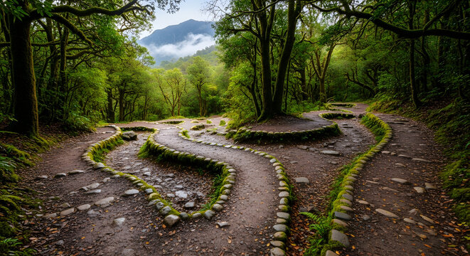 Winding dirt path lined with stones through a lush green mossy forest. Hiking trail with forks and curves leading towards a foggy mountain. Nature exploration