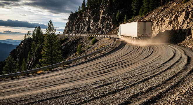 White semi truck driving around a sharp curve on a dusty mountain dirt road. Heavy freight transportation on a dangerous rugged cliffside route