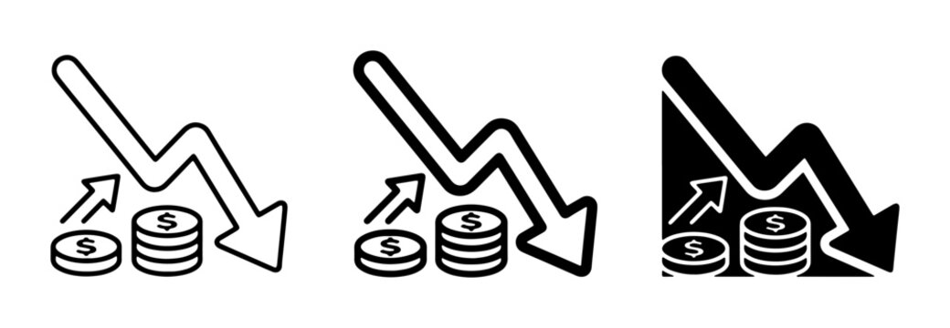 Financial Crisis Icons: Falling Stock Market, Decreasing Revenue, Economic Downturn, Business Loss, Set of 3 Vector Graphics