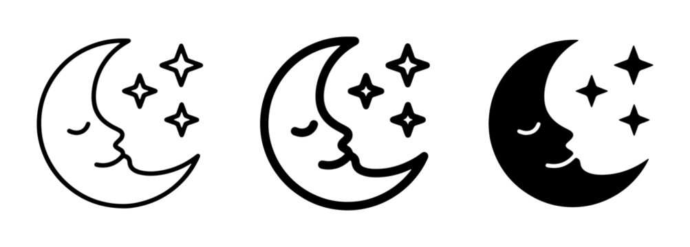 Sleeping Moon Face Icons, Crescent Moon with Stars Vector Graphics, Night Sky Celestial Symbols, Dreamy Sleepy Celestial Icons