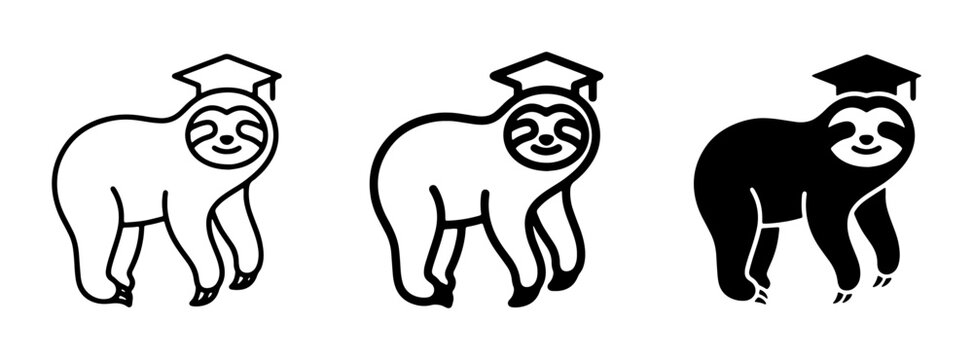 Graduation Sloth Icons, Academic Achievement Vector Art, Cute Animal Graduate Symbols, Education Concept Graphics, Black and White Study Icons