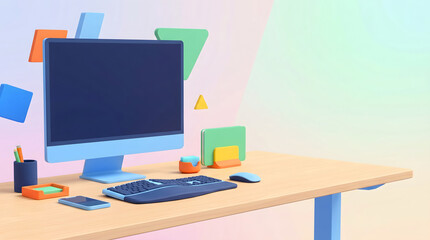 Naklejka premium Blue computer desk with office equipment and geometric decorative elements in 3D illustration style
