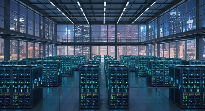Modern data center server room with glowing lights. High tech cloud computing facility overlooking city skyline at night. Digital information storage and network connection concept