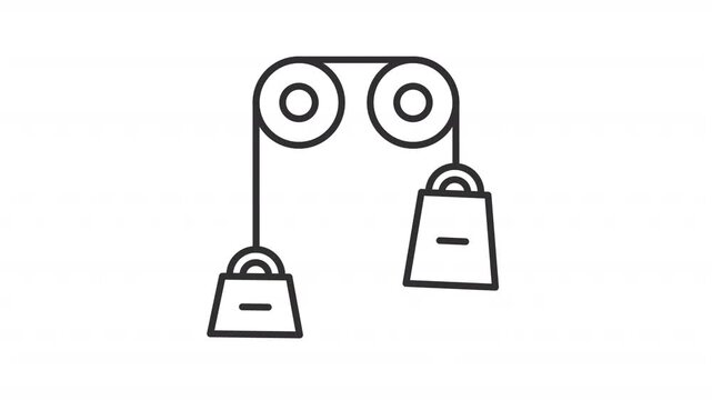 Animated pulley experiment line icon. Physics lesson animation. Gravitation, force and mechanical energy learning. Academic subject. Outline element on white background. HD video with alpha channel