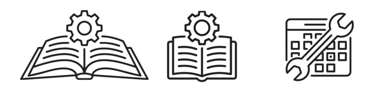 Minimalist line icons set representing technical documentation manual books with gears and a calendar with a wrench for scheduled maintenance