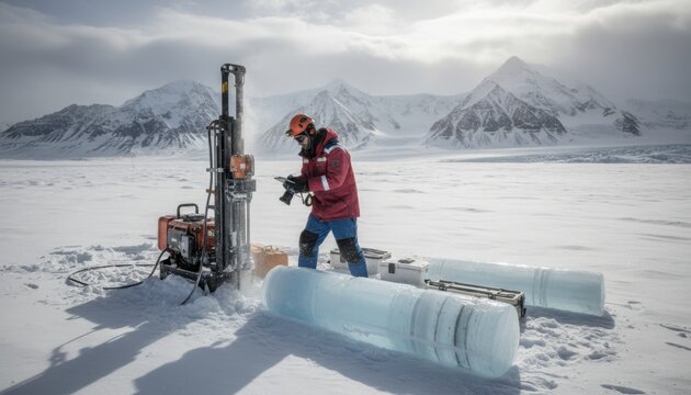 Glacier research scientist drilling deep ice core samples during polar climate expedition study